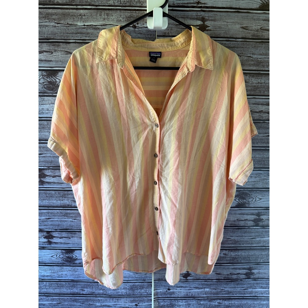 Patagonia Women's Short-Sleeved Button-Down Top XL Striped Cotton Hemp Peach